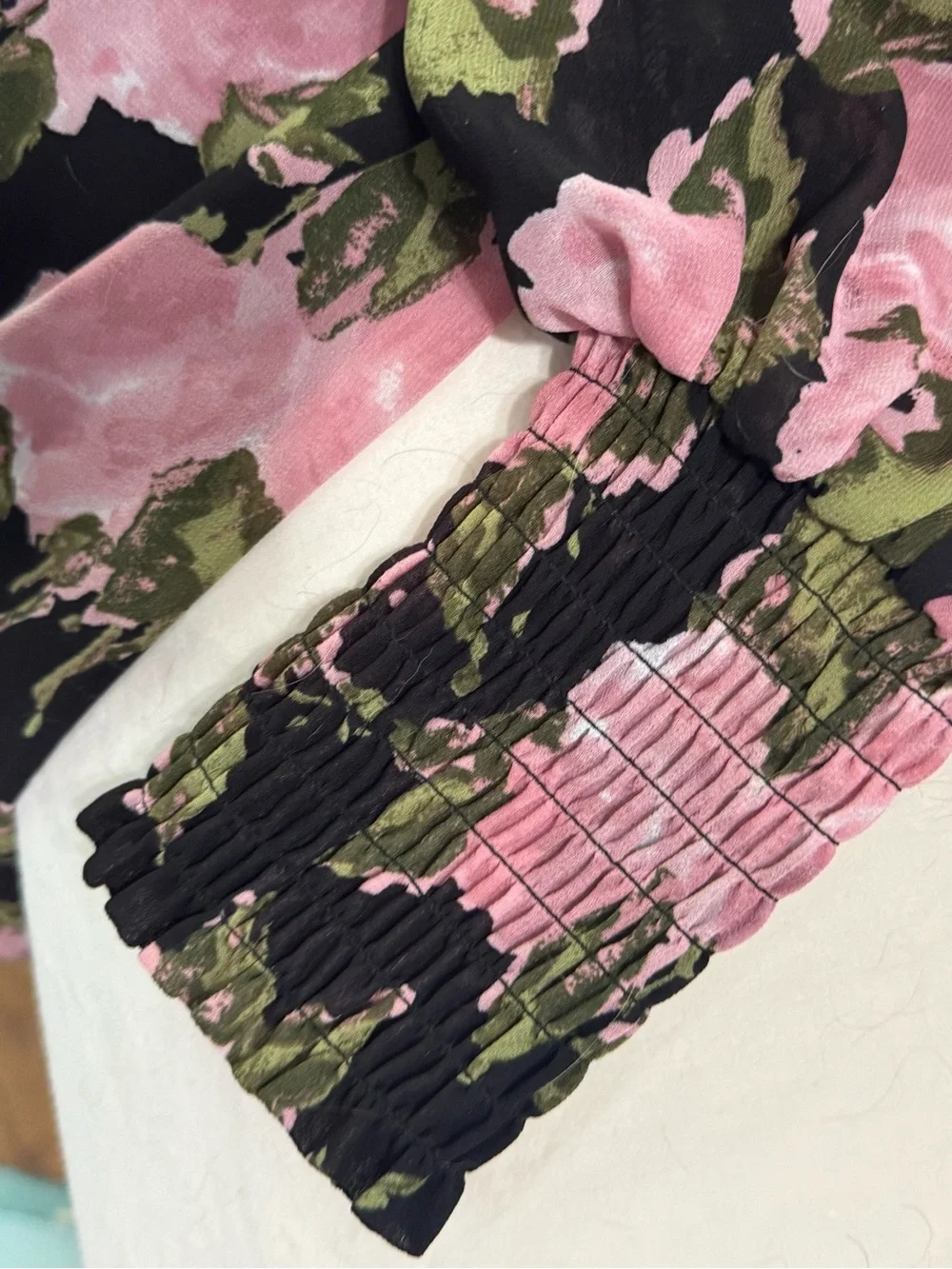 WAYF Floral Smocked Midi Dress Women’s Small Black Pink Rose Long Sleeve Lined